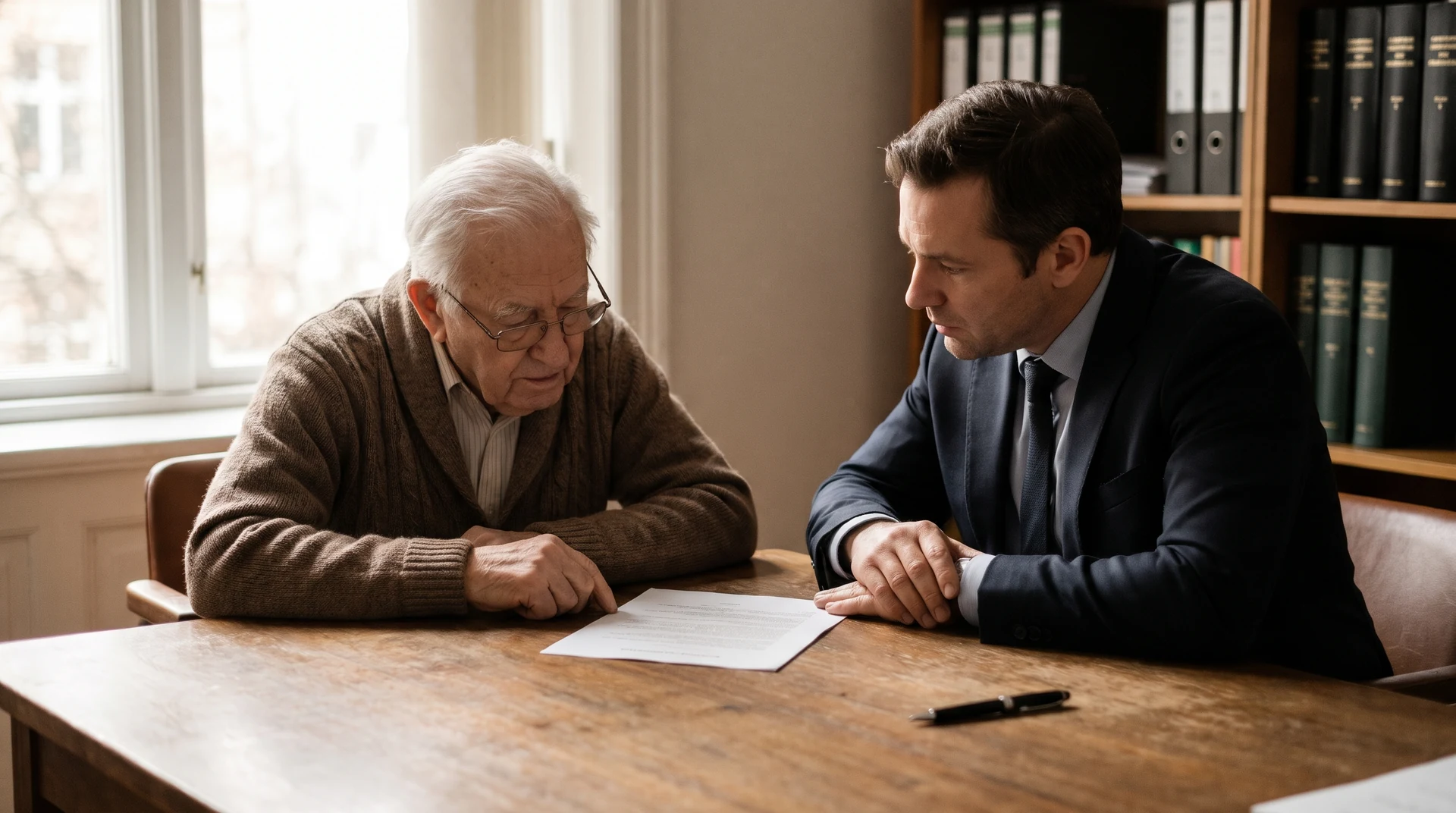 Une personne âgée et un avocat assis ensemble à une table en bois, examinant un document testamentaire